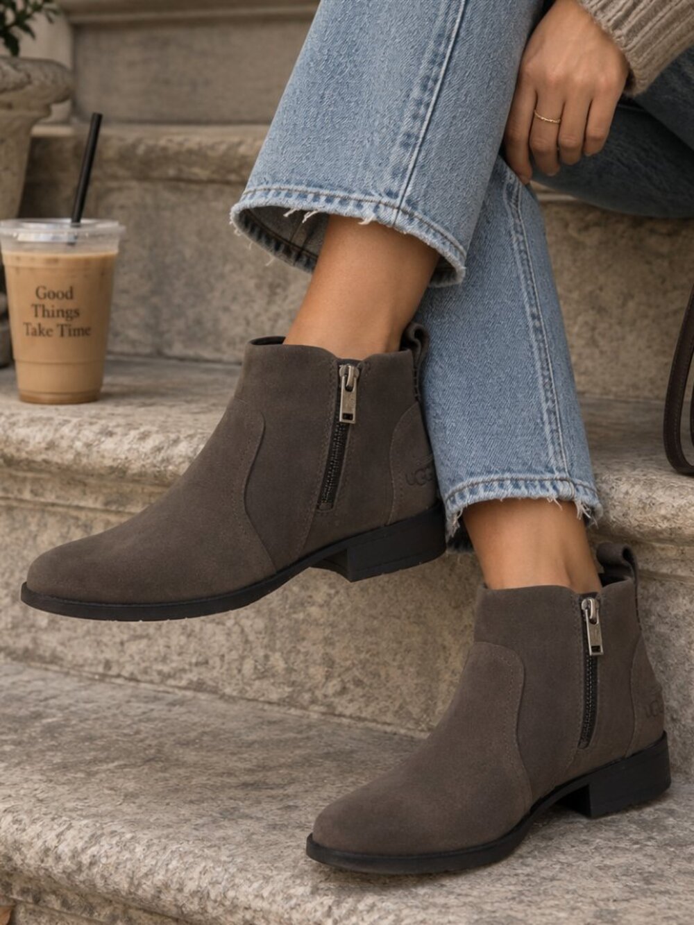 UGG Aureo 2 Gray Suede Zip Ankle Boots Booties Size 6 NWOT